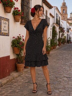 Connected Apparel Black and White Polka Dot Midi Dress